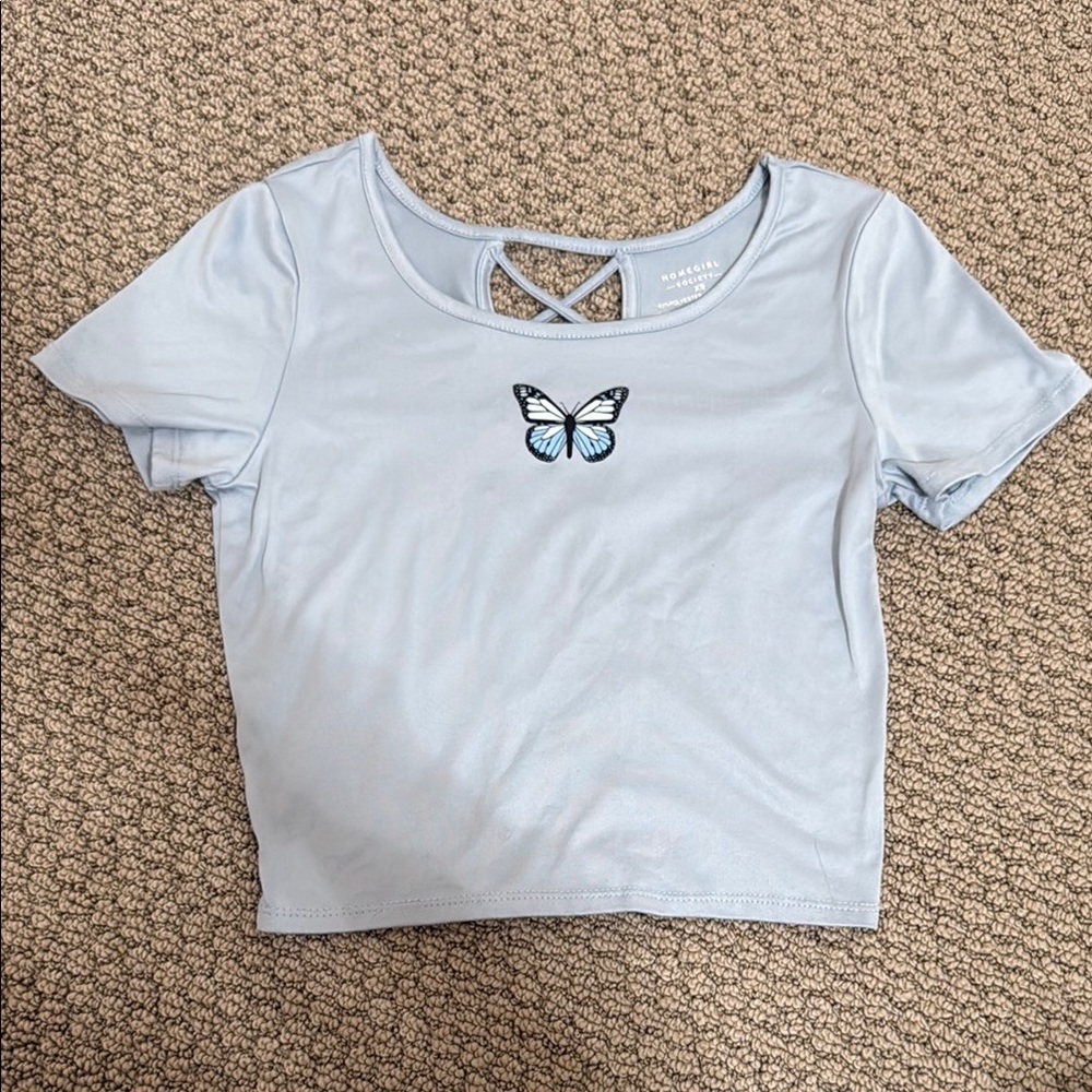 Light Blue Butterfly Embroidered Top